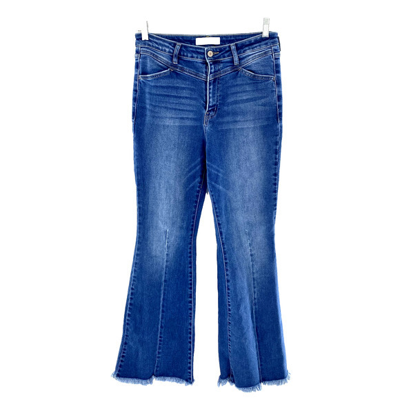 Kancan High Rise Flare Jeans Raw Hem Womens Sz 11/29 Blue Denim Front‎ Seam Boho - Picture 1 of 12